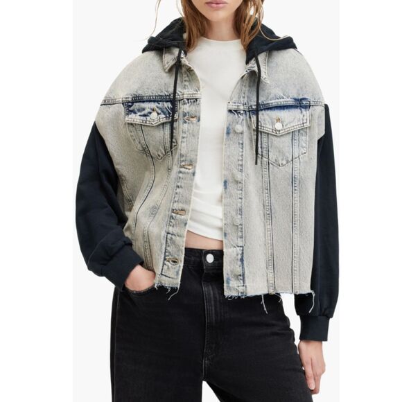 AllSaints Jacket Milena Hooded Denim Size L (US 8) Indigo Blue Black Button - Picture 10 of 10